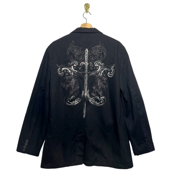 VINTAGE GUESS Sword Print Blazer Black L - Picture 2 of 8